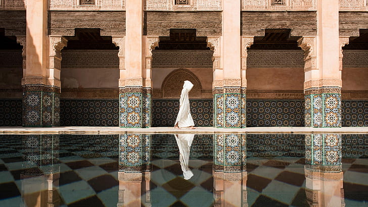 Marrakech, Maroc, piscine, temple, Fond d'écran HD
