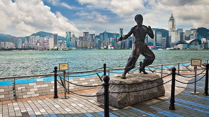 Hong Kong, monument de Bruce Lee, statue de bruce lee, Hong Kong, Bruce Lee, monument de Bruce Lee, gratte-ciel, Fond d'écran HD