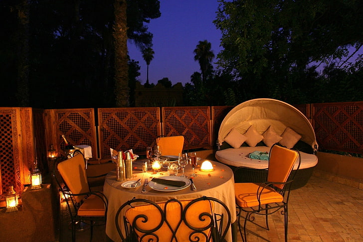 brown and black formal outdoor dining set, night, tables, chairs, frnari, interior, HD wallpaper