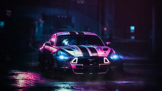 цифрово изкуство, кола, нощ, превозно средство, Mustang (кола), HD тапет HD wallpaper