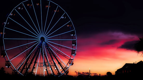 ferris wheel, tourist attraction, sky, light, darkness, night, recreation, amusement ride, amusement park, evening, star city, philippines, manila, pink sky, HD wallpaper HD wallpaper