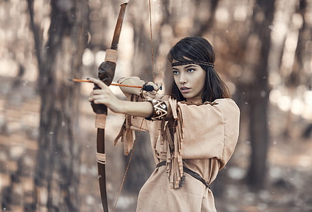 женщины, фотография, лук и стрелы, стрельба из лука, HD обои HD wallpaper