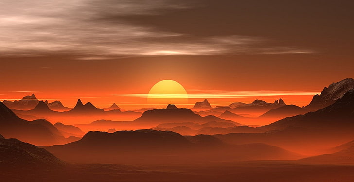 การถ่ายภาพธรรมชาติทิวทัศน์ภูเขาพระอาทิตย์ตกหมอกอำพันทะเลทราย, วอลล์เปเปอร์ HD