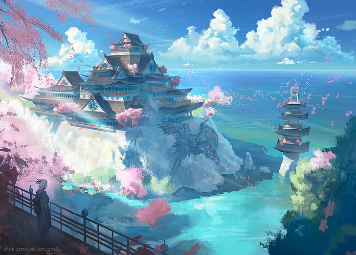 brown and white pagoda illustration, landscape, nature, water, fantasy city, Japan, pink, cyan, artwork, horizon, sea, clouds, HD wallpaper