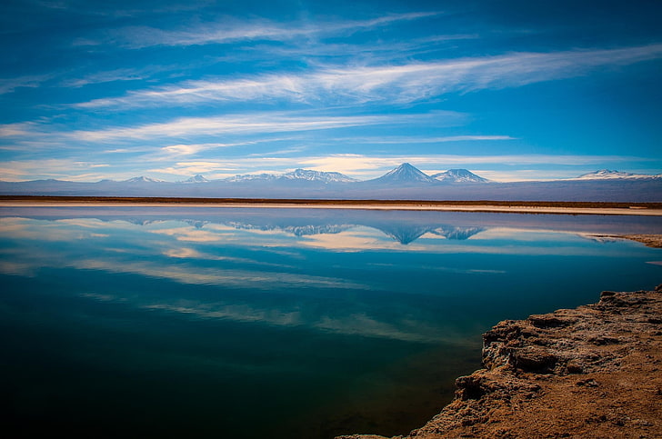 nature, landscape, lake, mountains, water, reflection, sunset, Atacama Desert, Chile, clouds, HD wallpaper