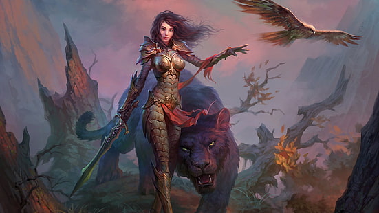 guerrero, mujer, mujer guerrera, tigre, mágico, arte de fantasía, Fondo de pantalla HD HD wallpaper