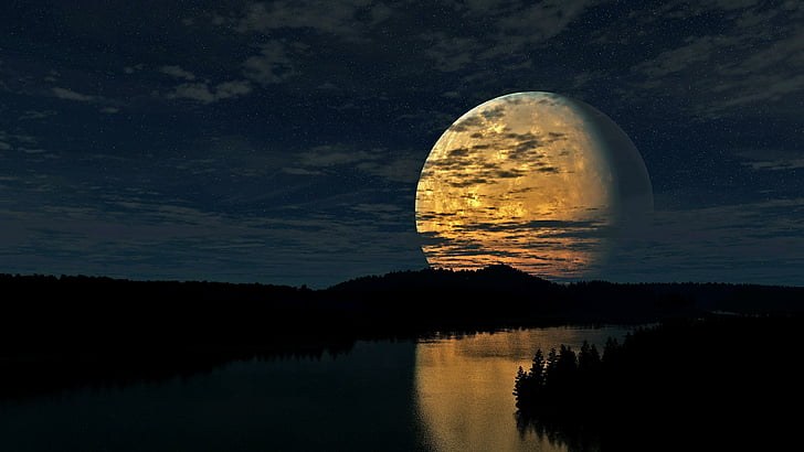 природа, ночь, лунный свет, суперлун, полнолуние, луна, отражение, ночное небо, река, звездное небо, пейзаж, тьма, HD обои