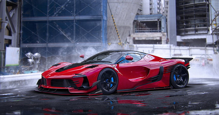 carro esporte vermelho, Ferrari, vermelho, quente, cor, renderização, supercarro, LaFerrari, por Khyzyl Saleem, HD papel de parede
