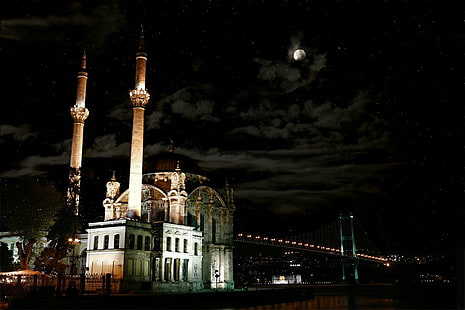 Босфор, Истанбул, джамии, нощ, джамия Ортакьой, звезди, пуйка, HD тапет HD wallpaper
