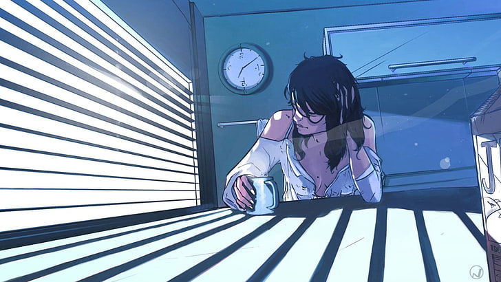 black haired female illustration, artwork, women, coffee, morning, blue, HD wallpaper