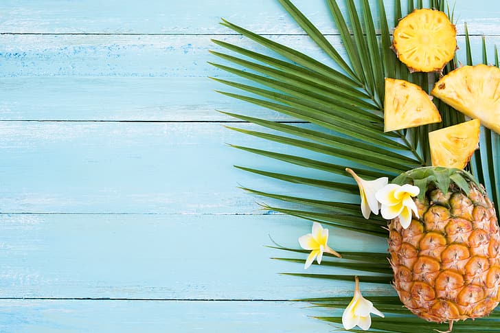 summer, fruit, pineapple, fresh, wood, slices, flowers, plumeria, tropical, slice, HD wallpaper