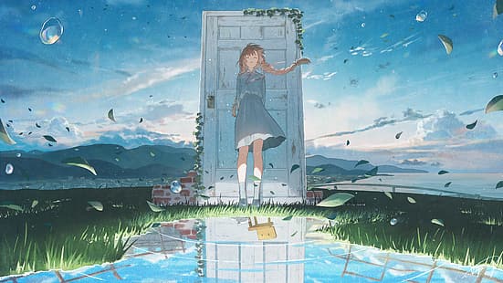 Suzume อะนิเมะ สาวอะนิเมะ งานศิลปะ สีน้ำตาล แต่งตัว ผมถักเปีย twintails anime sky ประตู หญ้า, วอลล์เปเปอร์ HD HD wallpaper