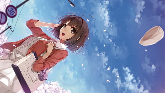 шатенка женский аниме персонаж держит ее волосы обои, аниме девушки, аниме, небо, облака, Saenai Heroine no Sodatekata, шляпа, Като Мэгуми, знак, HD обои HD wallpaper