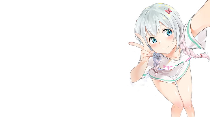 Anime, Anime Girls, weißer Hintergrund, Eromanga-sensei, Izumi Sagiri, weißes Haar, weiße Kleidung, blaue Augen, Loli, weiße Haut, einfacher Hintergrund, HD-Hintergrundbild