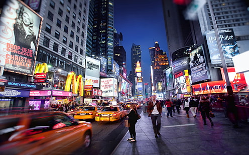 Нью-Йорк Таймс-сквер, нью-йорк, ночь, люди, такси, трафик, HD обои HD wallpaper