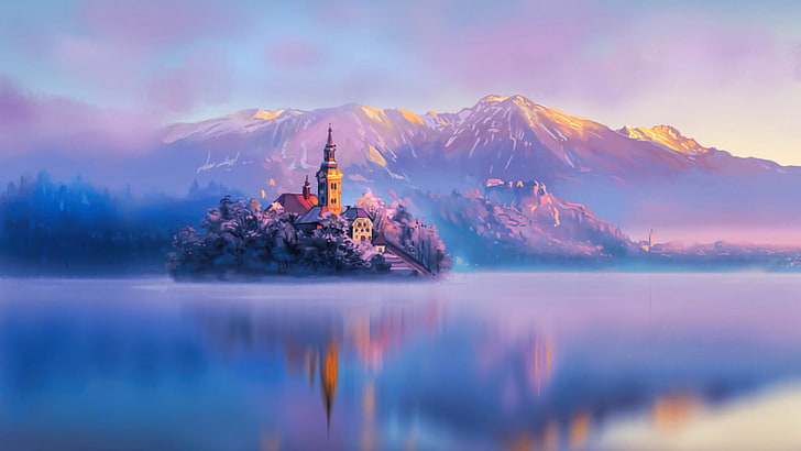 château brun et gris entouré d'eau fond d'écran numérique, art numérique, île, eau, montagnes, lac, Slovénie, Fond d'écran HD