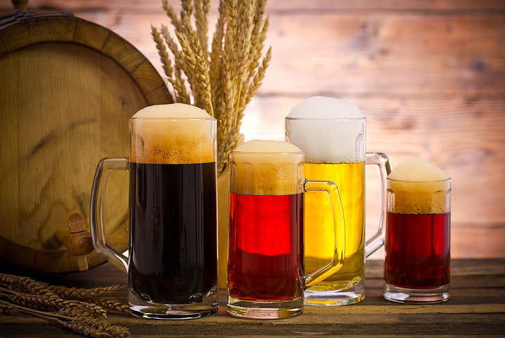 four clear glass beer mugs, glass, beer, barrel, millet, HD wallpaper