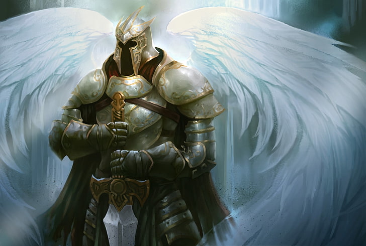 fondo de pantalla de caballero alado, alas, ángel, espada, arte, casco, armadura, Fondo de pantalla HD