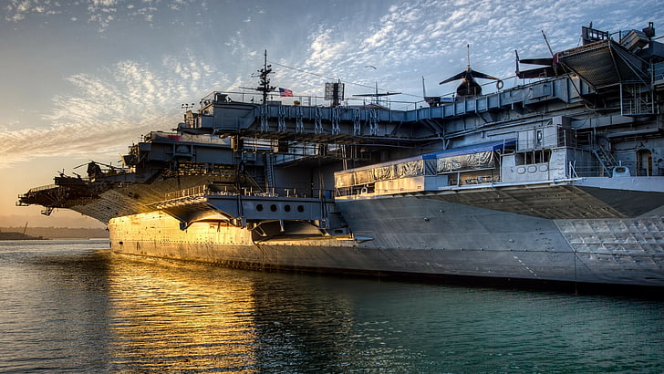 white ship, aircraft carrier, warship, U.S. Navy, sunset, sea, sky, HD wallpaper