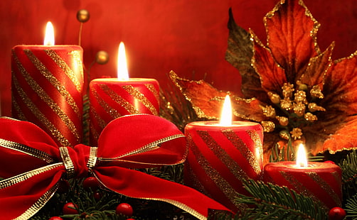 Нова година, Коледа, празник, свещи, игли, панделка, Нова година, Коледа, празник, свещи, игли, панделка, HD тапет HD wallpaper