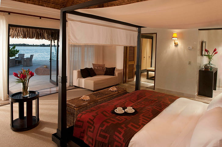 St Regis Hotel Bora Bora Water Bungalow, водно бунгало, остров, хотел, атол, меден месец, тропически, лагуна, St Regis, плаж, Таити, океан, HD тапет