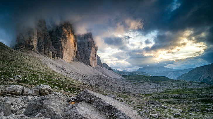 الأرض ، الصخور ، الجرف ، السحب ، المناظر الطبيعية ، الطبيعة ، Tre Cime di Lavaredo، خلفية HD