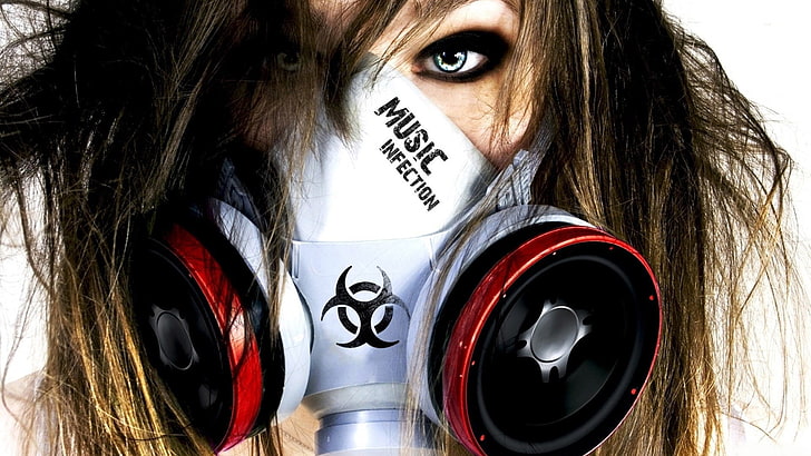 topeng putih dan hitam, wanita, musik, infeksi, fotografi, karya seni, masker gas, biohazard, Wallpaper HD