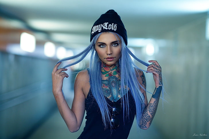 women's black and white knit hat, women, long hair, blue hair, nose rings, eyeshadow, tattoo, Fishball Suicide, HD wallpaper