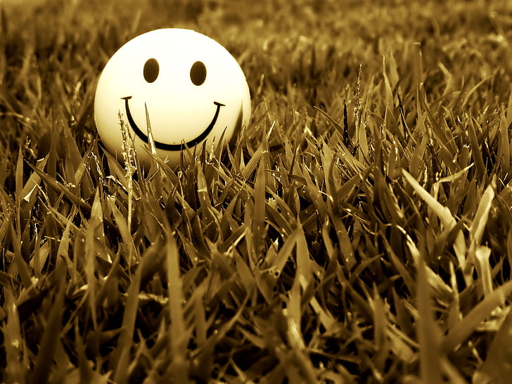 bola emoji kuning, senyum, rumput, suasana hati, Wallpaper HD