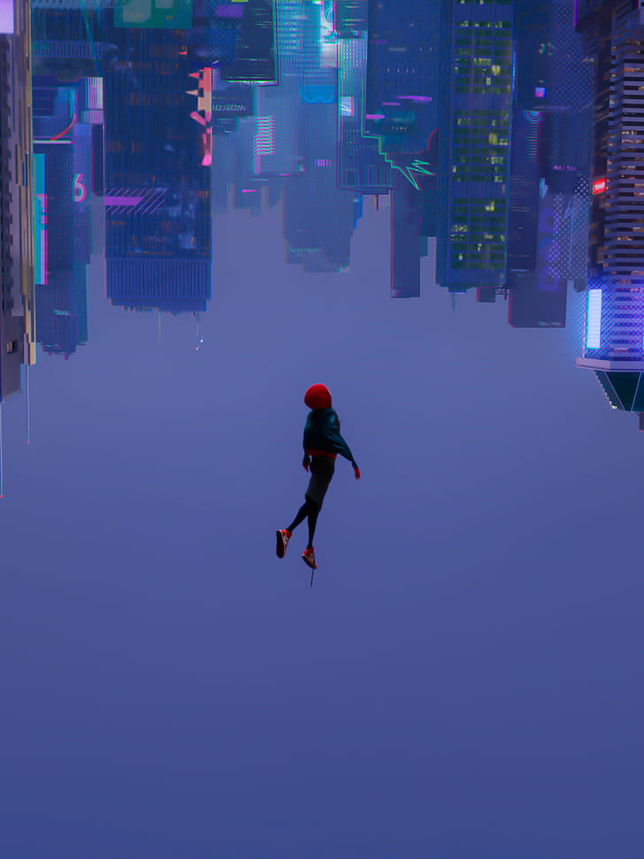 Spider-Man, Miles Morales, opere d'arte, sottosopra, paesaggio urbano, Spider-Man: Into the Spider-Verse, visualizzazione verticale, Sfondo HD, sfondo telefono