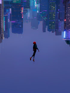 Человек-паук, Майлз Моралес, произведение искусства, вверх ногами, городской пейзаж, Человек-паук: В стихах-пауках, портретная экспозиция, HD обои HD wallpaper