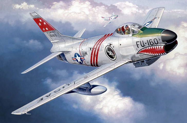 сребърен самолет, война, изкуство, самолет, живопис, авиация, реактивен самолет, ww2, северноамериканска F-86D Sabre, HD тапет