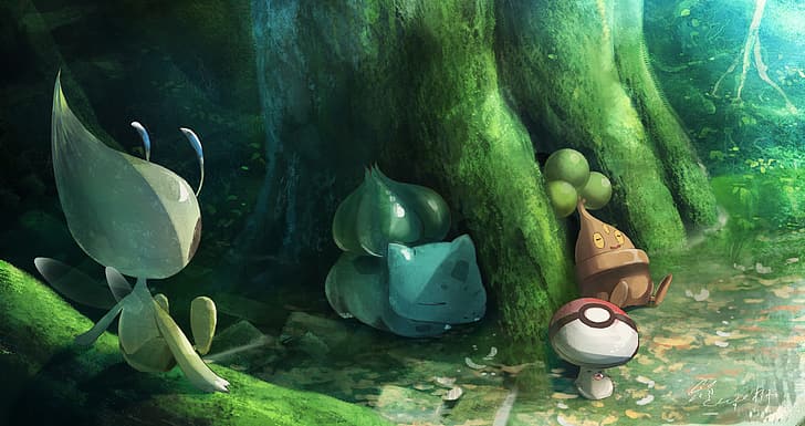 Pokémon, Bulbasaur, Celebi, sedang tidur, hutan, pohon, Wallpaper HD