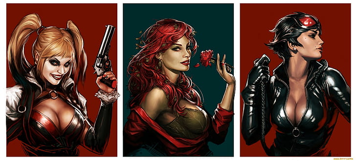 Batman, Catwoman, Harley Quinn, ilustraciones, Poison Ivy, DC Comics, Fondo de pantalla HD