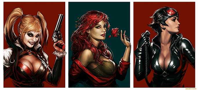Batman, Catwoman, Harley Quinn, illustrations, Poison Ivy, DC Comics, Fond d'écran HD HD wallpaper