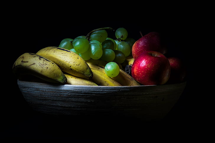 photo of ripe bananas,green grapes and red apples in brown basket, fruit, food, freshness, banana, ripe, organic, healthy Eating, nature, HD wallpaper