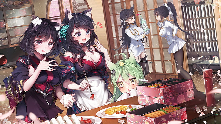 anime girls, Azur Lane, Atago (Bilan Hangxian), Takao (Bilan Hangxian), Akashi (Bilan Hangxian), nekomimi, animal ears, HD wallpaper