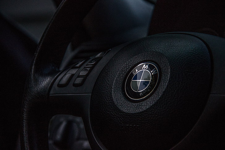 black BMW multifunction steering wheel, bmw, wheel, logo, HD wallpaper