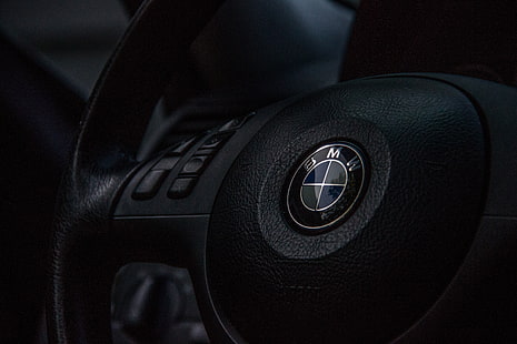 черный многофункциональный руль BMW, bmw, руль, логотип, HD обои HD wallpaper