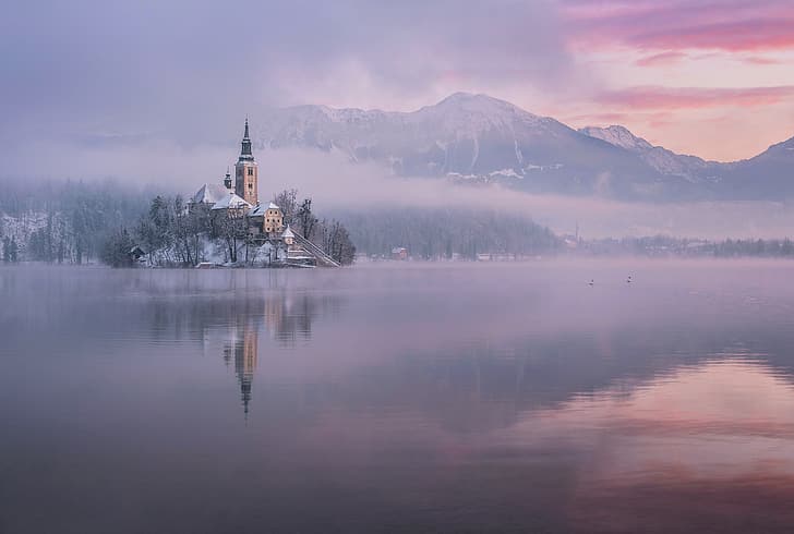 winter, mountains, lake, reflection, island, morning, Slovenia, Lake Bled, Bled, Assumption of Mary Pilgrimage Church, Church Of The Assumption Of The Virgin Mary, The Julian Alps, Julian Alps, HD wallpaper