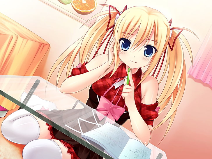 Anime Girls, Bildroman, Anime, Mecha-con !, Sawatari Saki, blond, blaue Augen, Rock, Schleife, HD-Hintergrundbild