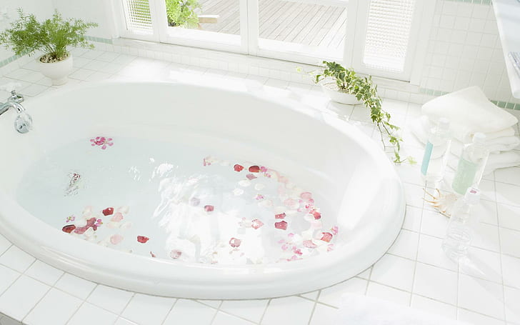 C'est le temps du spa, roses, bien-être, serviettes, bain, blanc, mousse, profitez-en, pétales, relaxants, 3d et abstraits, Fond d'écran HD