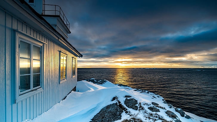 mar, o céu, o sol, nuvens, neve, pôr do sol, casa, pedras, costa, horizonte, Noruega, Ilhas Lofoten, Lofoten, HD papel de parede
