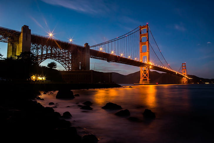 Golden Gate Bridge, Californie, je vais, Golden Gate Bridge, pont, Californie, San Francisco, USA, États-Unis d'Amérique, coucher de soleil, endroit célèbre, pont - Structure artificielle, architecture, New York City, Californie, paysage urbain, Skyline urbaine, pont suspendu, nuit, scène urbaine, ville, comté de san Francisco, Fond d'écran HD