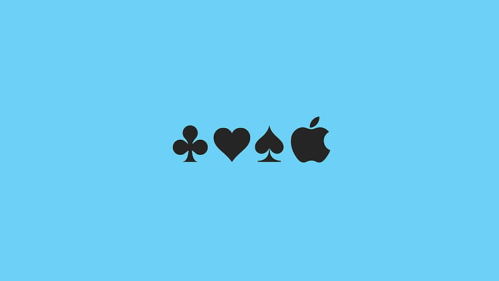 четыре разных символа, тузы, пики, сердце, Apple Inc., Shamrock, голубой, голубой фон, HD обои