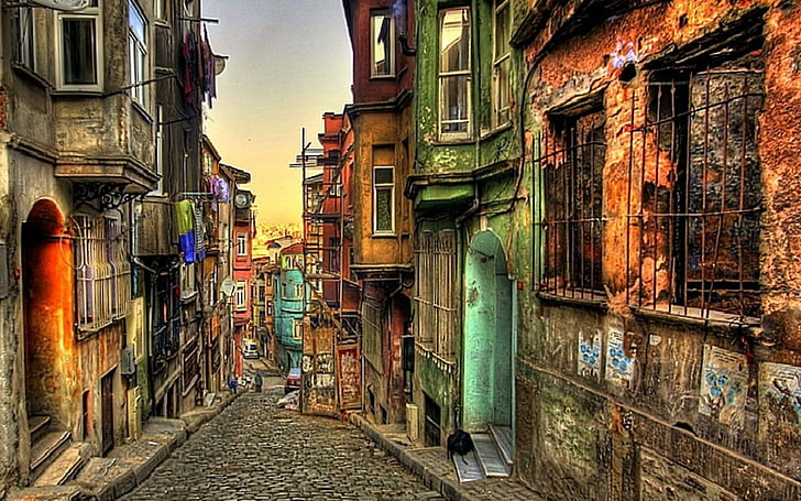 Maisons d'habitation marron et gris, Istanbul, Turquie, coloré, paysage urbain, maison, rue, Fond d'écran HD