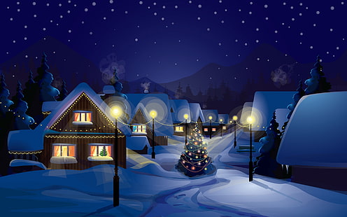 Zima nad wioską, domy pokryte śniegiem, śnieg, lampki bożonarodzeniowe, ozdoby świąteczne, Tapety HD HD wallpaper