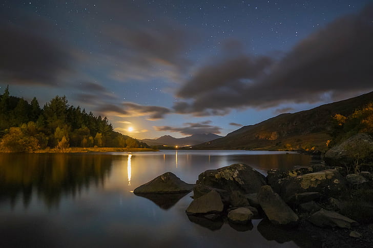 two mountain beside a body of water during sunset, snowdonia, snowdonia, Snowdonia, mountain, a body, body of water, sunset, Moon, landscape, nightscape, Wales, night  sky, stars, cloud, twilight, Llynnau Mymbyr, lake, rocks, trees, Snowdon, calm, reflection, evening, nature, sky, water, night, scenics, outdoors, beauty In Nature, HD wallpaper