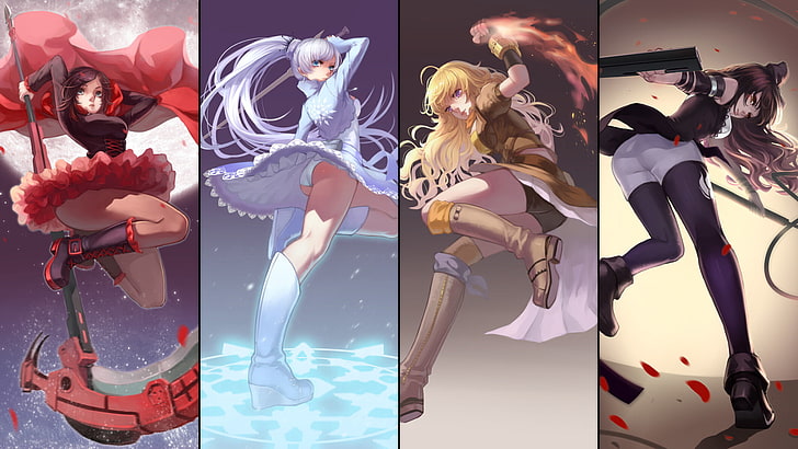 Anime, RWBY, Blake Belladonna, Rapier, Ruby Rose (RWBY), Scythe, Weiss Schnee, Yang Xiao Long, HD wallpaper
