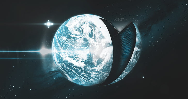 нарезанное изображение Земли с ее мантией и земной корой, Земля, фото манипуляции, фотошоп, космос, темный фон, синий фон, HD обои